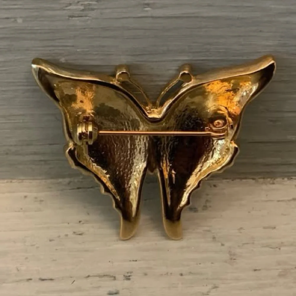 Beautiful‎ Green Black Rhinestone Gold Butterfly Brooch Pin Good Condition